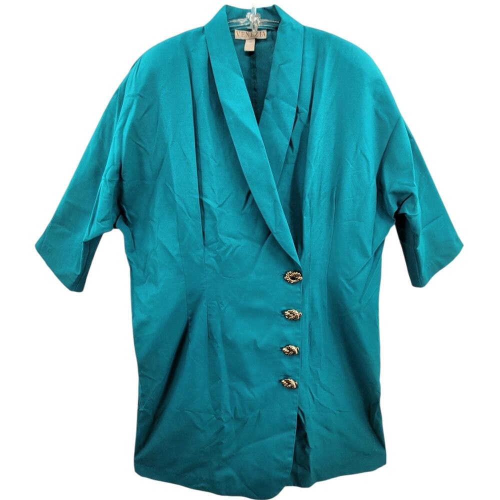 Venezia 1980s Blazer Dress Teal Green Gold Button Plus Size Statement
